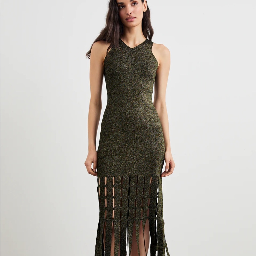 NWT Rails Kaia Brown/Metallic Gold Woven Bodycon Maxi Dress with Fringe (M)